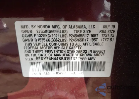 2011 Honda Pilot Ex from USA, damaged, VIN 5FNYF4H44BB019137